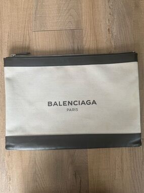 Balenciaga Beige Canvas Clutch with Black Leather Trim